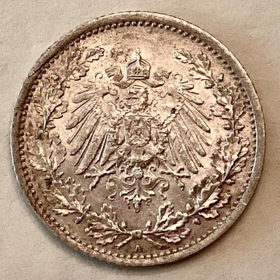~ 1908 A  Germany WIlhelm I Silver 1/2 Half Mark - FREE US SHIPPING
