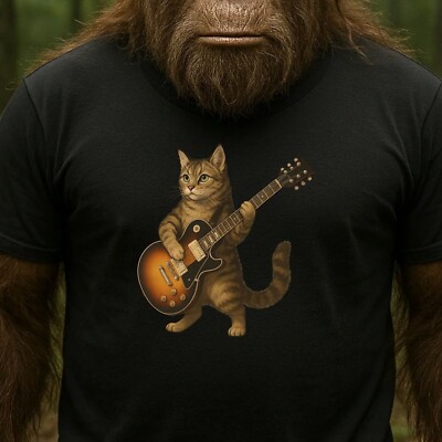 Mens Cat Electric Guitar Print Cotton T-Shirt Size S to 5XL