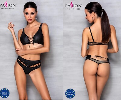 PASSION SET KUNSTLEDER NETZ BH STRING schwarz clubwear schnürung top bralette