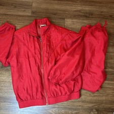 VTG EVR Women  s Red Track Suit W Silver Studs Pants Jacket Size Med. 100 Silk