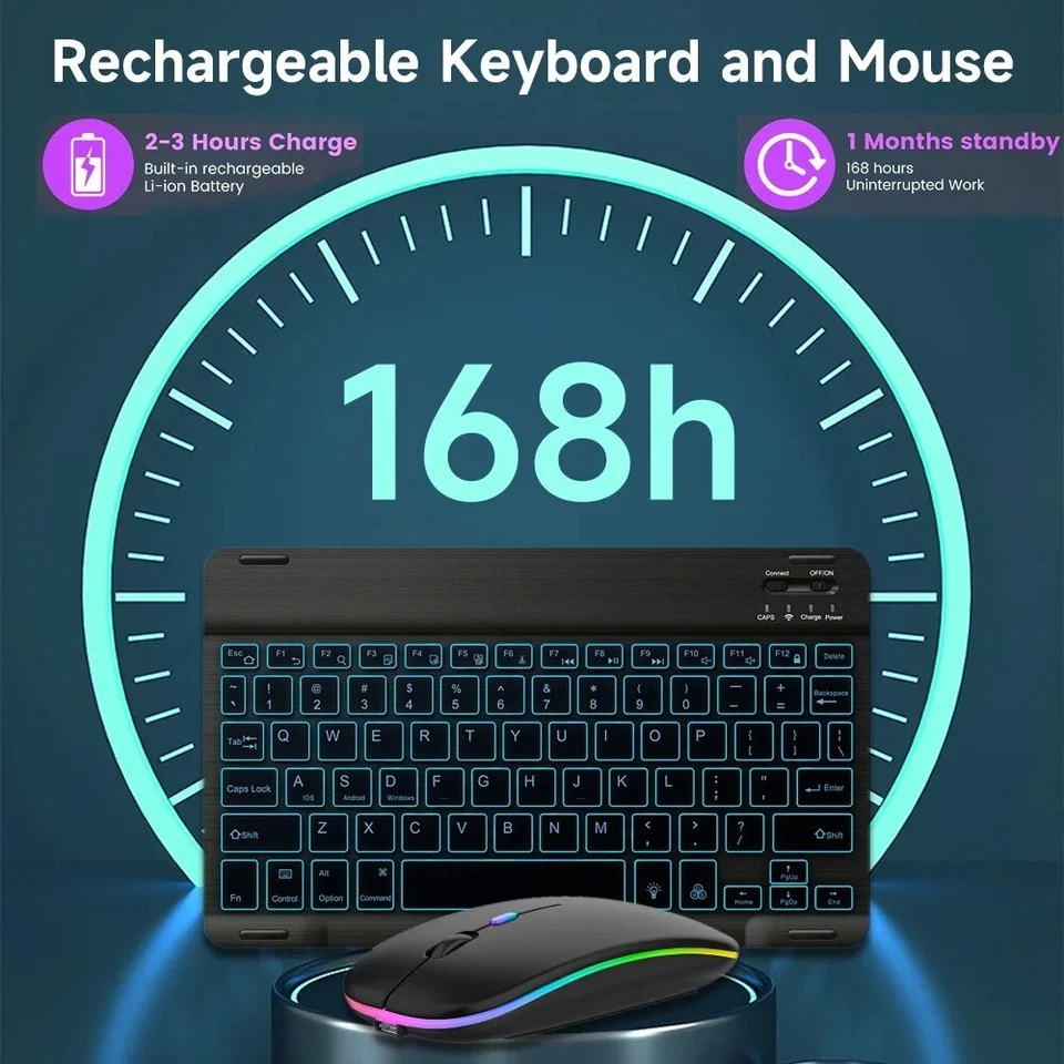 Black Wireless Bluetooth Keyboard and Mouse Android iOS Windows Mini Backlight - Image 4 of 4
