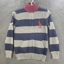 VTG Polo Ralph Lauren Sweater Gray Blue Boys Medium 8/10 Striped Full Zip Mock