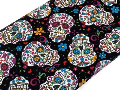 DAVID TEXTILES 15 YARD BOLT BLACK FOLKLORIC SUGAR SKULL 100% COTTON FABRIC - WHOLESALE YARDAGE