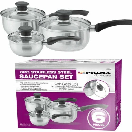 6 PC COOKWARE SET SAUCEPAN POT STAINLESS STEEL KITCHEN COOKING FRY PAN GLASS LID