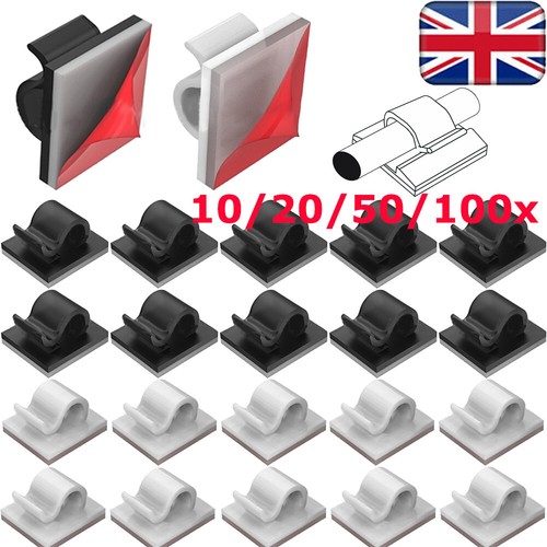 SELF ADHESIVE CABLE CLIPS BLACK WHITE STICKY BACK MOUNT WIRE ORGANISER PREMIUM - Picture 1 of 13