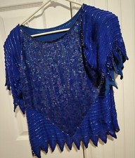 Vtg 80s Blue Women's Sequined Blouse Top Cocktail Dominique 100 Silk Art Deco