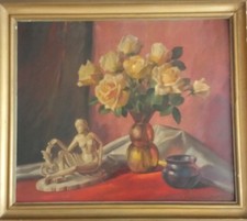 Ölgemälde signiert Duwe 40 Rosenstillleben mit Art-Deco Figur Rarität Sammler