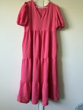 Fashion Pink Solid V-Neck Puff Sleeve Ruffle Pocket Pullover Midi Dress L