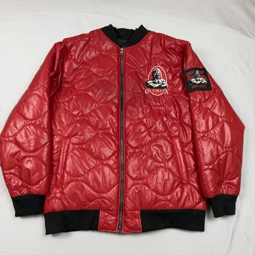 Olympia Jacket Mens XL Fits Medium Red Satin Quilted Bomber 1965-2021 Patch - product listing photo