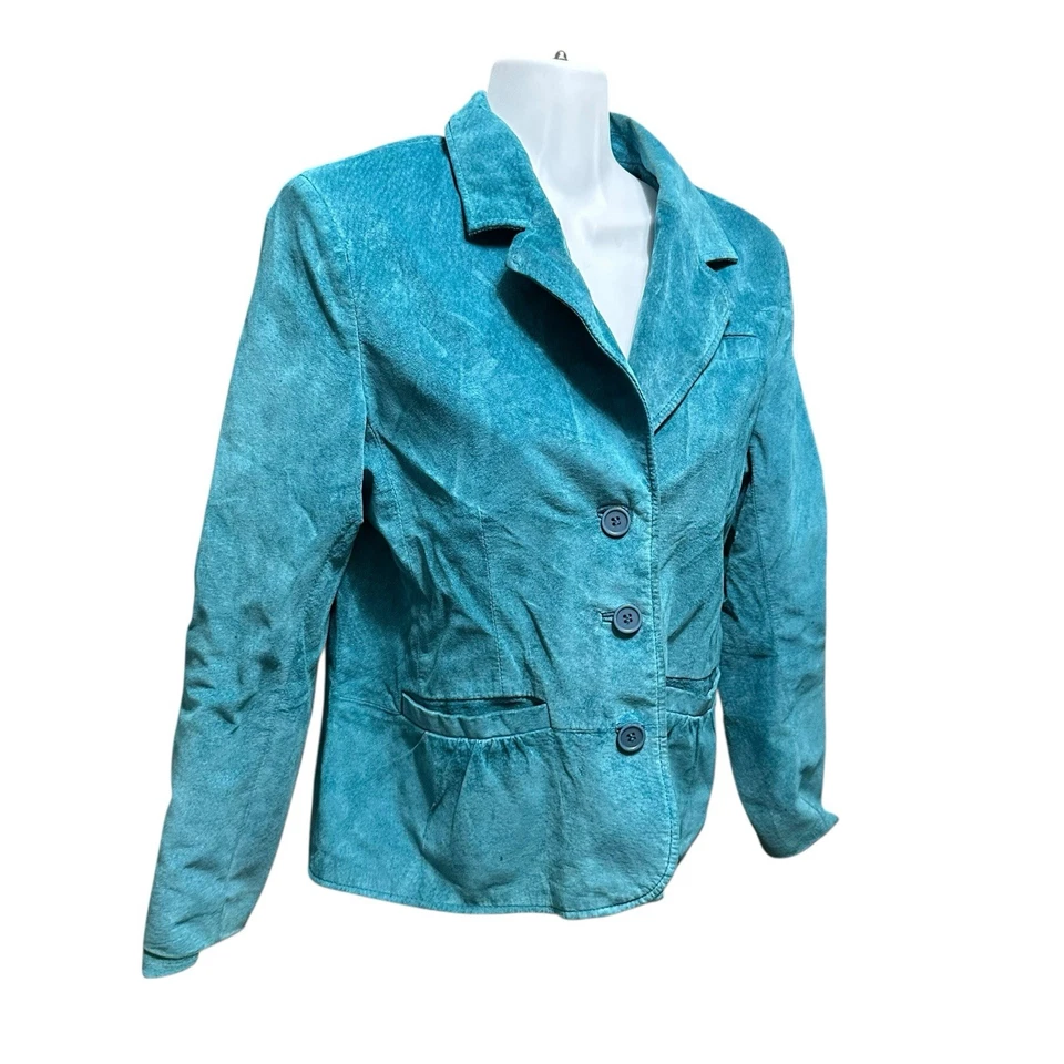 Blazer feminino Parisian Signature jaqueta pequena média couro camurça azul-petróleo - Imagem 3 de 4