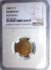 1860-S 3 DOLLAR INDIAN PRINCESS SAN FRANCISCO MINT NGC VG RARE EARLY DATE