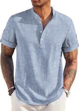COOFANDY Men Casual Henley Shirt Short Sleeve Band Collar Linen Shirt Summer