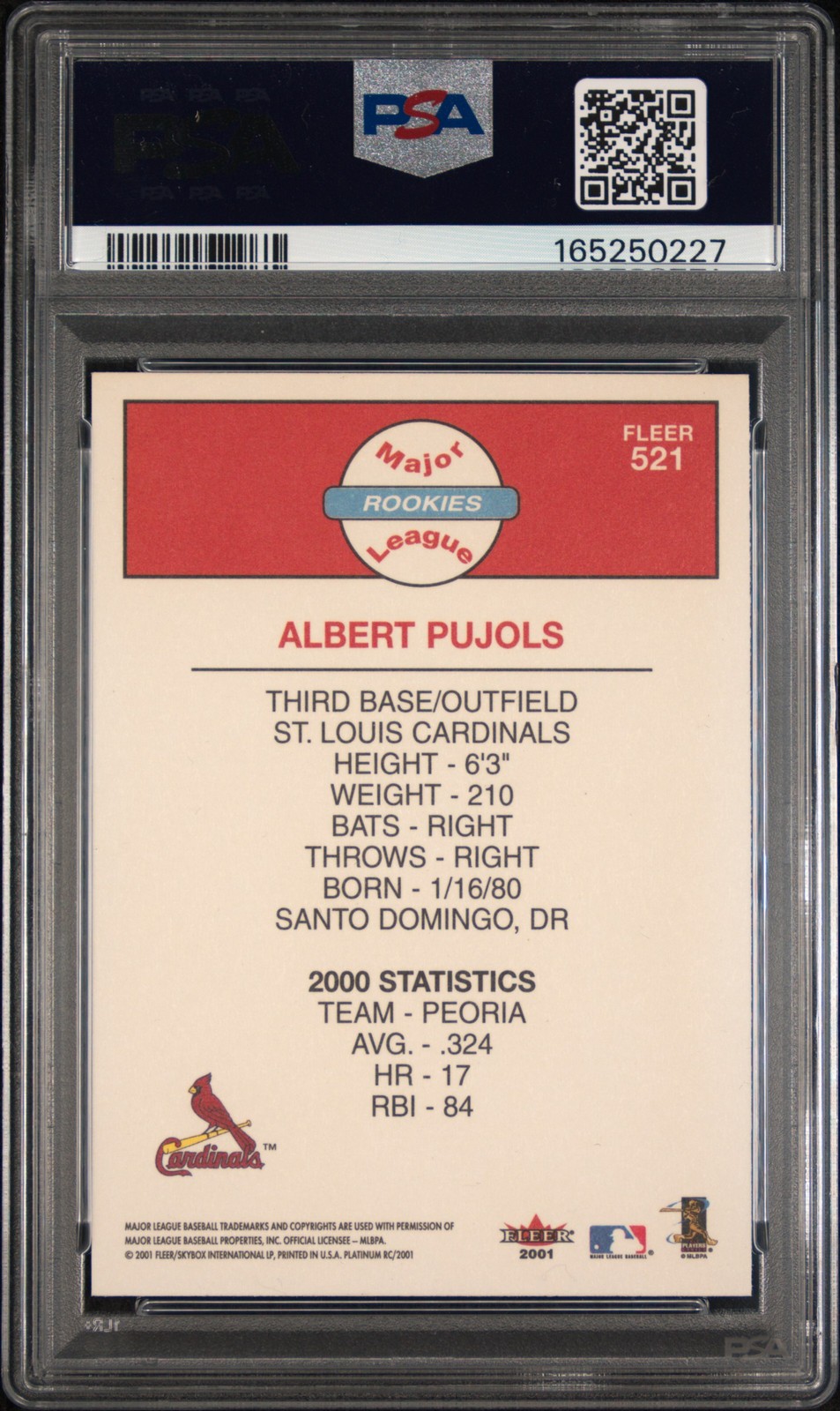 2001 FLEER PLATINUM #521 ALBERT PUJOLS ROOKIE RC PSA 9 view 2