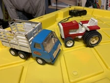 Lot of 2 small Metal Tonka Toys- Blue Truck Stake Bed Hay & Red Tractor - Steel