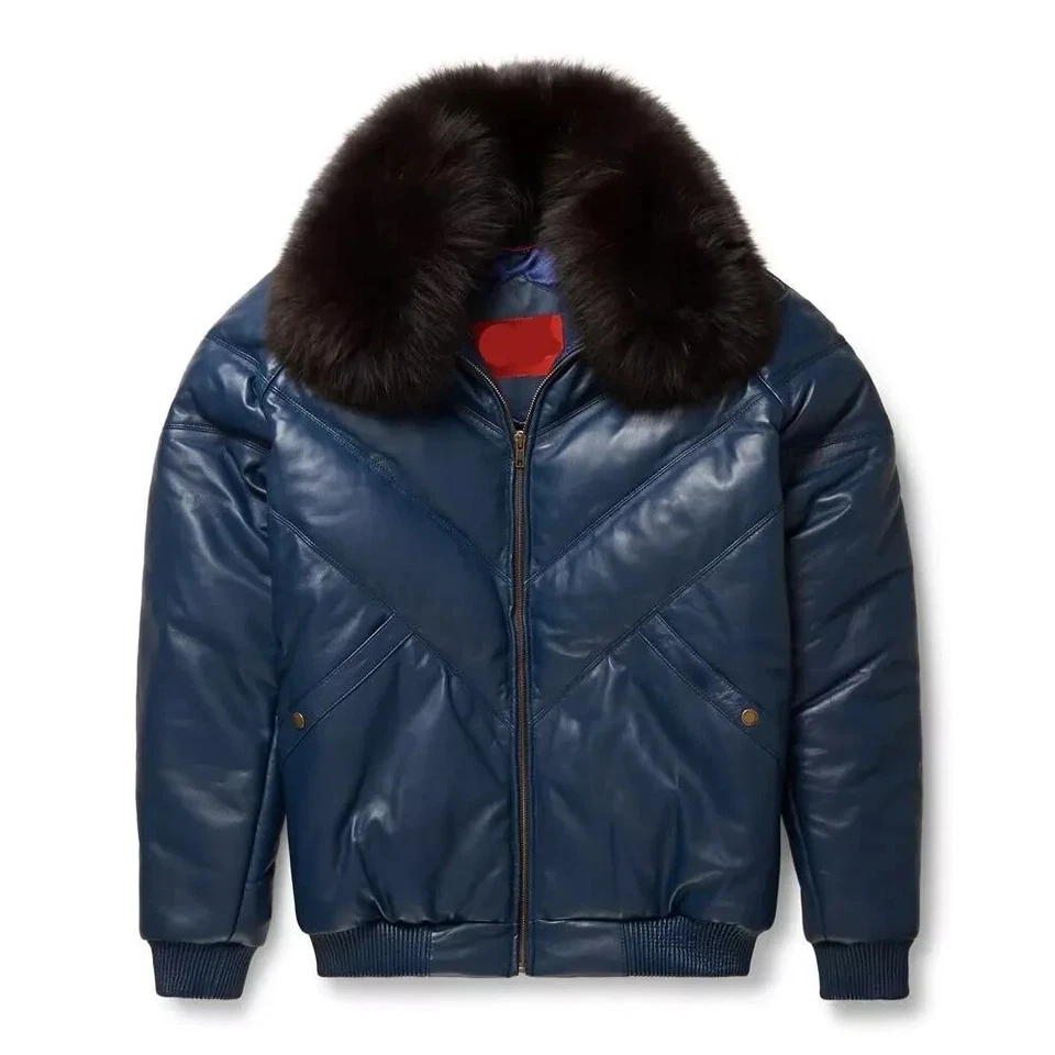 Men's V-Bomber Leather Jacket Puffer Fox Fur Double goose Lambskin Zipper Coat - Image 4 of 4