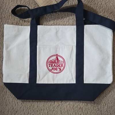 Trader Joe's Foldable Reusable Shopping Tote Bag White Blue Cotton Polyester