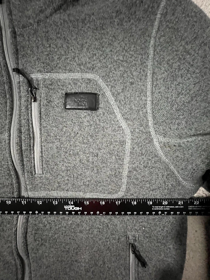 North Face 全拉链连帽衫男式夹克灰色 L 夏尔巴内衬皮革徽标 — 第 2/4 张图片