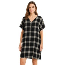 Madewell Plaid Shift Dress Women Small Black White Zip Front Short Sleeve V-Neck