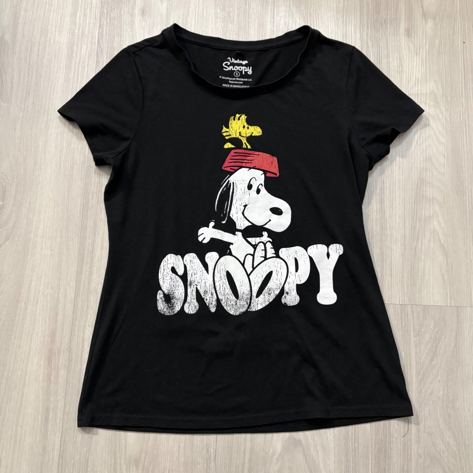 Vintage Snoopy Peanuts Shirt Women Graphic Tshirt Black Fez Woodstock Tee Size S