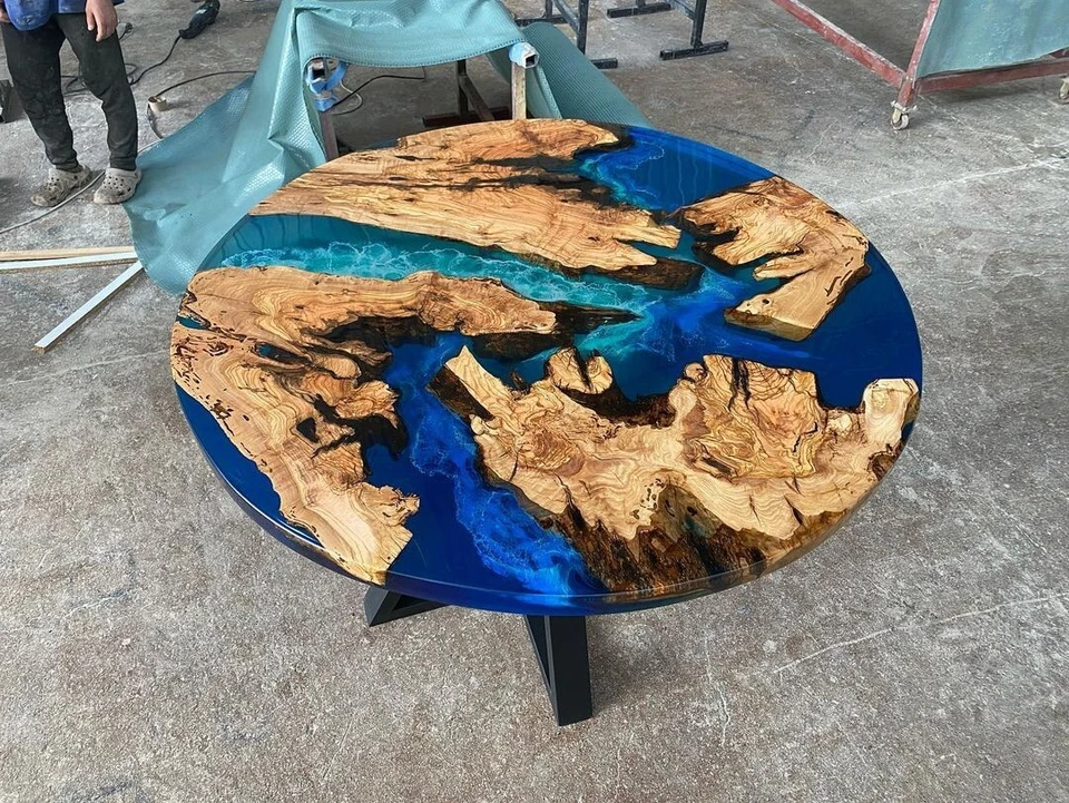 Custom Made Olive Wood Round Table with Light Blue Turquoise Epoxy – Handmade Oc - Image 4 of 4