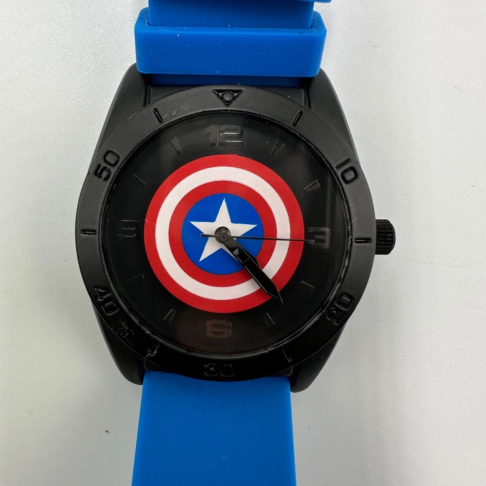 Marvel Captain America Watch Men Black Case Blue Silicone Band New Battery 9.5" - Image 2 of 4