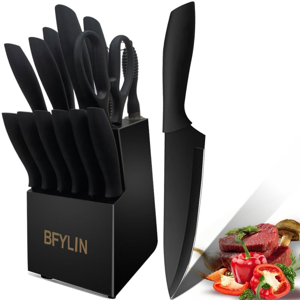 Knife Set with Block, Kitchen Knife Set with Block, 15 Pcs High Carbon Stainl...-image