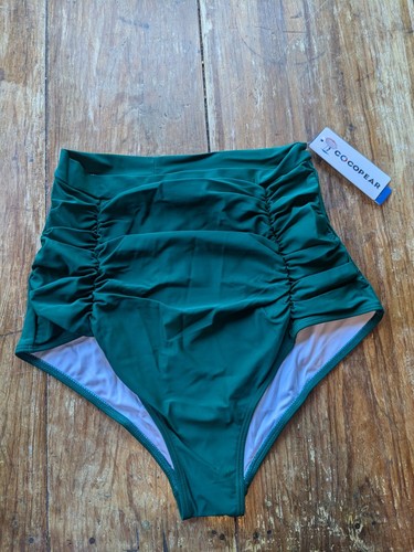 Cocopear Womens Swim Bottoms Large Solid High Waist Green Rouche Swimsuit