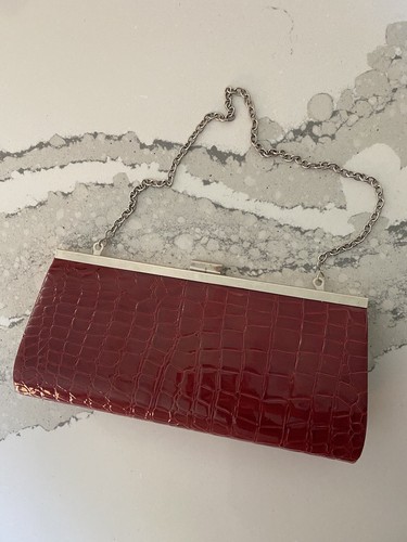 Y2K Red Crocodile Patent Embossed Purse Clutch Shoulder Bag PROM Holiday Evening