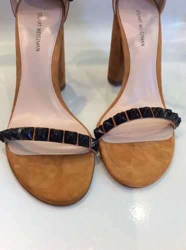 Stuart Weizmann Rosemarie caramel luxe suede heels sandals sz 8 block heel sanda - Picture 12 of 12
