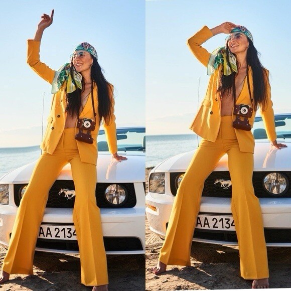 Zara Set Double Breasted Blazer Sz M +Flared Pants S Yellow 2579