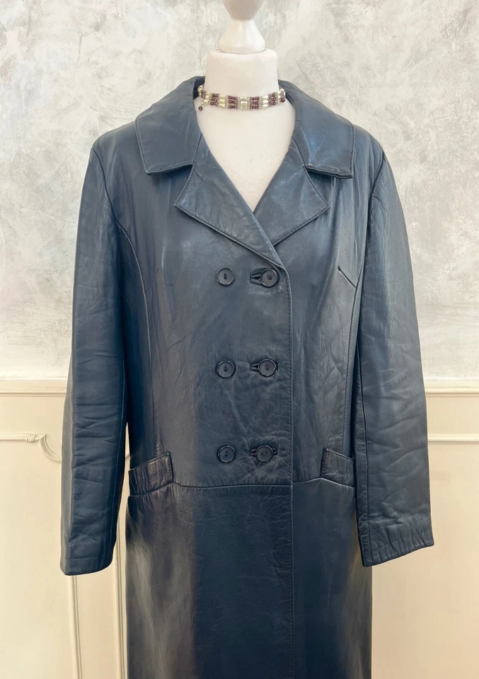 Vintage 1970's Midnight Blue Real Leather Retro Unisex Matrix Trench Coat 14 - Image 4 of 4