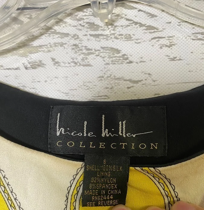 Nicole Miller 系列连衣裙 S 真丝黄色巴洛克印花长袖 Mod 复古 — 第 3/4 张图片