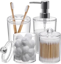 Plastic Clear Bathroom Accessories Set Complete 4 Pcs - Soap Dispenser, 2 Qtip H