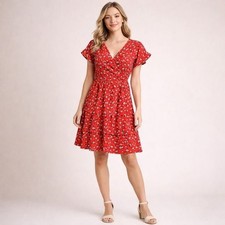 Monteau Los Angeles Red Floral Tiered Mini Dress XS Boho Cottagecore Summer