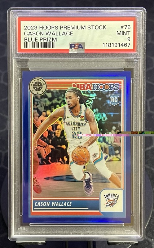 2023-24 NBA Hoops Premium Stock - Cason Wallace #76 Blue Prizm /120 (RC) PSA 9