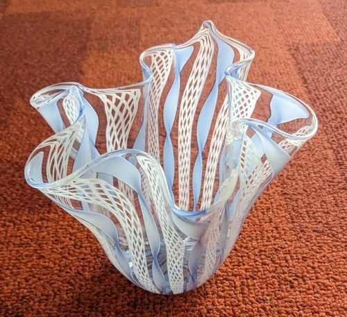 Vtg 50's Venini Italian Zanfirico Murano Art Glass Handkerchief Vase, Unsigned