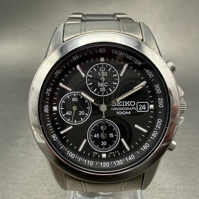 Seiko Chronograph Watch Men 39mm Black Dial Silver Tone Date 7T92