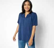 LOGO by Lori Goldstein Women's Top Sz L Mixed Media Split Neck Blue A647333