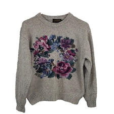 Vintage 90s Eddie Bauer Floral Pattern Knit Beige Wool Sweater, Women's Size Med