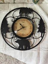 FirsTime & Co. Wildlife Wire Wall Clock, Metal Bear Moose Trees Cabin Lodge