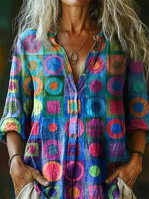 Abstract Pattern Blouse Womens Boho Artistic Loose Fit Tunic Summer V Neck Top