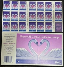 US SWAN heart Purple LOVE Stamp # 3123 Pane 20 USPS 1996 Vintage .32 Wedding