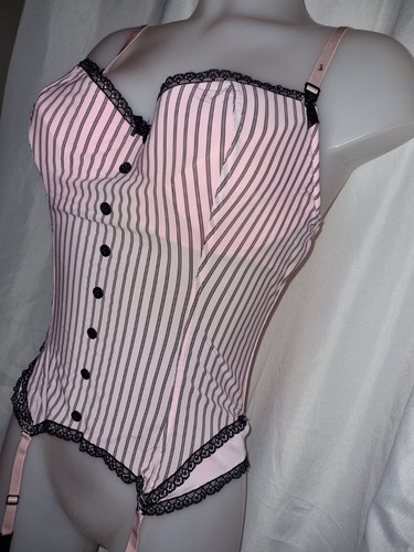 BNWOT Gorgeous Pink black Underwired boned corset basque top Suspenders size 36D - Picture 2 of 3
