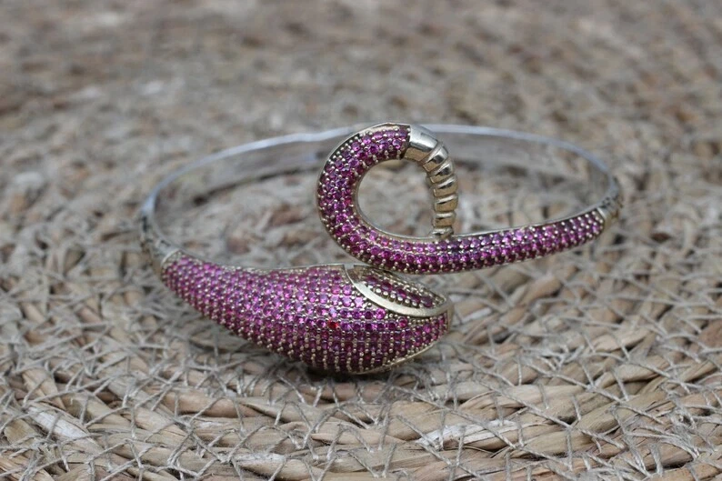 Elegant Snake Shape With 3.52 CT Round Cut Pink Ruby 935 Silver Bangle Bracelet - Image 2 of 4