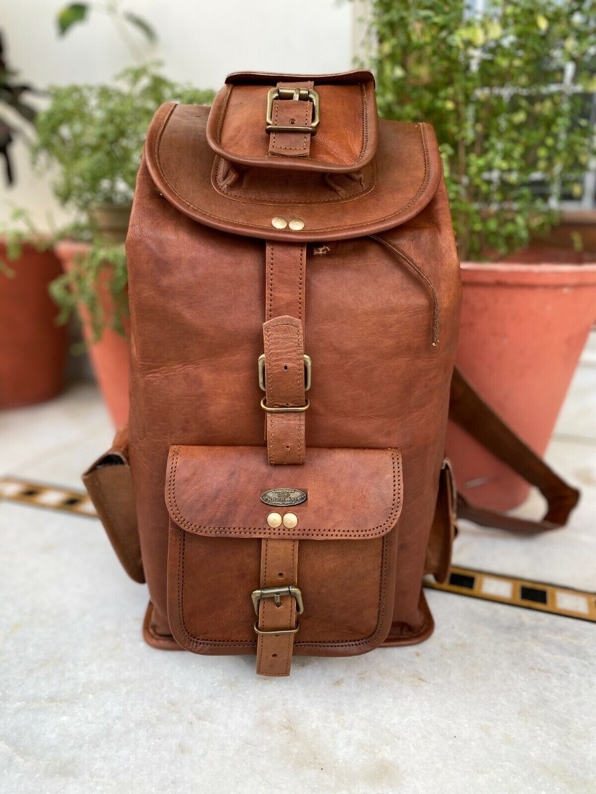 Leather Backpack Satchel Brown Genuine 16 Inch Mens Travel Rucksack-image