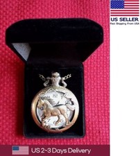 Mustang Horse Quartz Pocket Watch w/16" Chain Brushed Antique Bronze  Gift Box