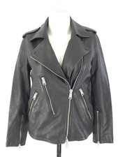 All Saints Biker Jacket Elva Black Leather Asymmetric Zip Zipped Pockets Uk 8