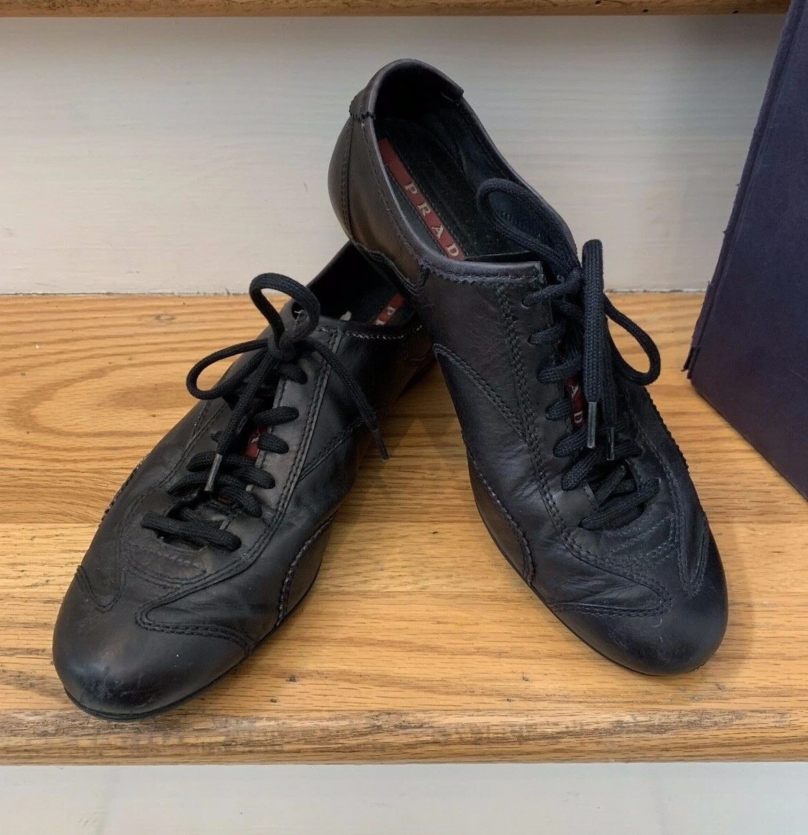 Prada Car Shoe Wn's Size 37 1/2 Black Leather, Lace up Retail $355