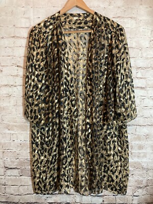 Kimono Top Womens 24W Brown Cheetah Leopard Long Line Open Front Glitter Sheer