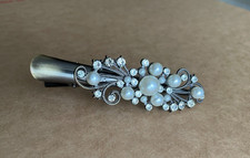 Vintage Clear Rhinestones Faux Pearls Hair Clip Barrette Bronze Tone
